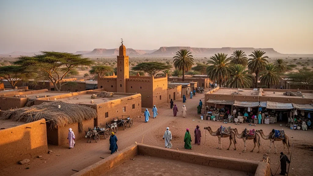 Vista al atardecer de la localidad saheliana de Goz Beïda en Sila, Chad, con casas de adobe, acacias y una caravana de camellos