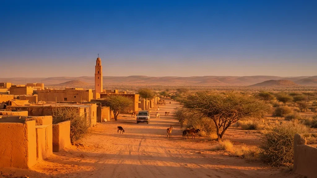 Veduta calda durante l'ora d'oro di una città saheliana nel Sila, in Ciad, con edifici in mattoni di fango, alberi di acacia e cielo desertico aperto