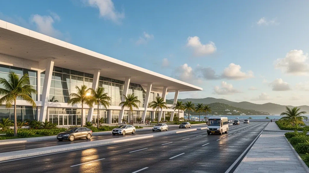 Moderne Außenfassade des Terminals aus Glas und Weiß am Internationalen Flughafen Cap-Haïtien in Haiti mit Palmen und tropischem Nachmittagslicht