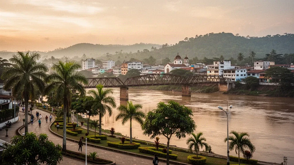 Stadtansicht von Montería am Ufer des Sinú in Córdoba, Kolumbien, mit tropischen Palmen und einer Stahlbrücke zur goldenen Stunde