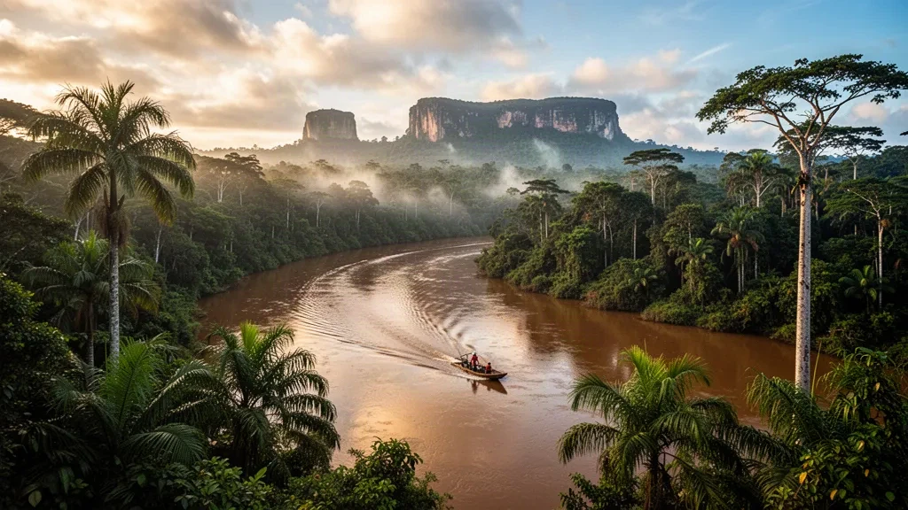 Veduta all'ora d'oro del fiume Guaviare che serpeggia nella foresta pluviale amazzonica vicino a San José del Guaviare, Colombia