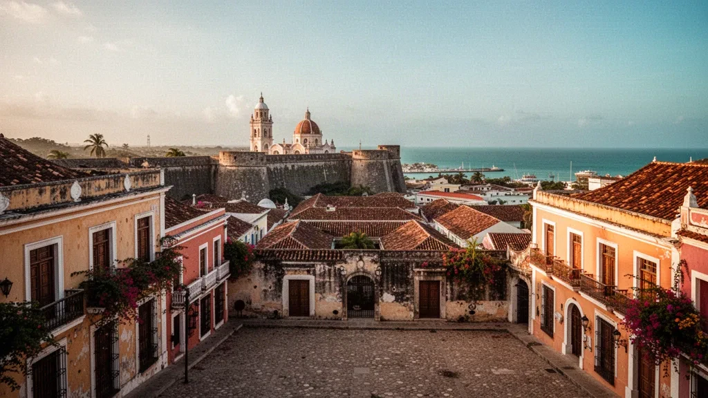Blick zur goldenen Stunde über die ummauerte Altstadt von Cartagena in Bolívar, Kolumbien, mit kolonialen Dächern, Festungsmauern und der Karibik dahinter