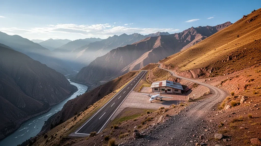Remote Andean mountain airstrip serving Chagual Airport in Peru, with a narrow runway above a deep river canyon at sunrise