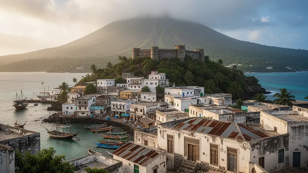 Vieille ville historique de Mutsamudu dévalant vers son port sur l'île d'Anjouan, aux Comores, avec des maisons swahilies en pierre sous des collines volcaniques verdoyantes