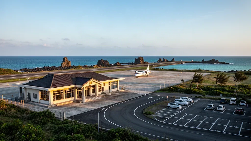 Piccolo terminal aeroportuale sull'isola di Qimei nell'arcipelago di Penghu, Taiwan, con un aereo turboelica sul piazzale accanto al mare.