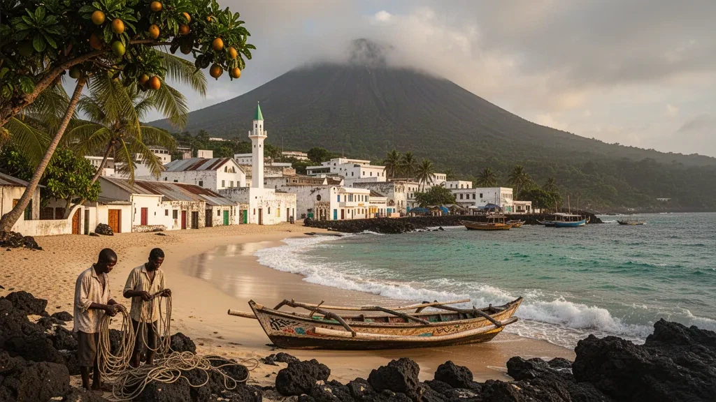 Le mont Karthala s'élevant au-dessus de la médina blanche et du littoral turquoise de Moroni, Grande Comore, Comores