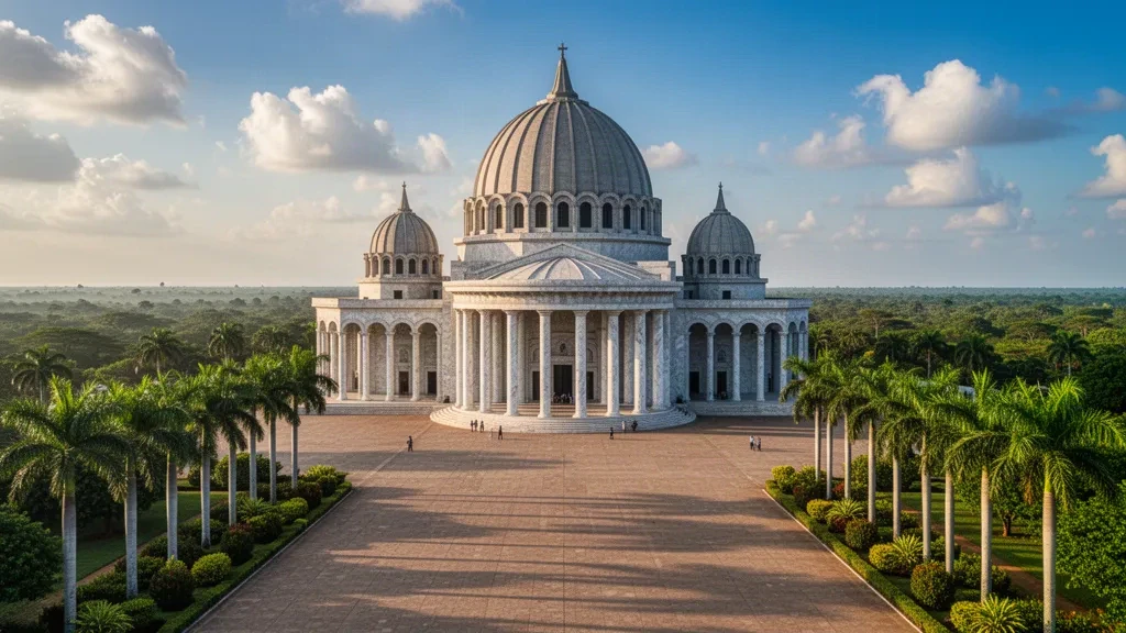 Basilique Notre-Dame-de-la-Paix à Yamoussoukro, en Côte d'Ivoire, avec sa grande colonnade et son dôme sous la lumière tropicale africaine