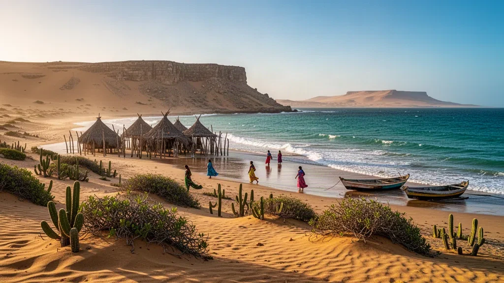 Árida costa desértica de La Guajira, Colombia, cerca de Cabo de la Vela, con aguas turquesa del Caribe y chozas wayuu a la hora dorada