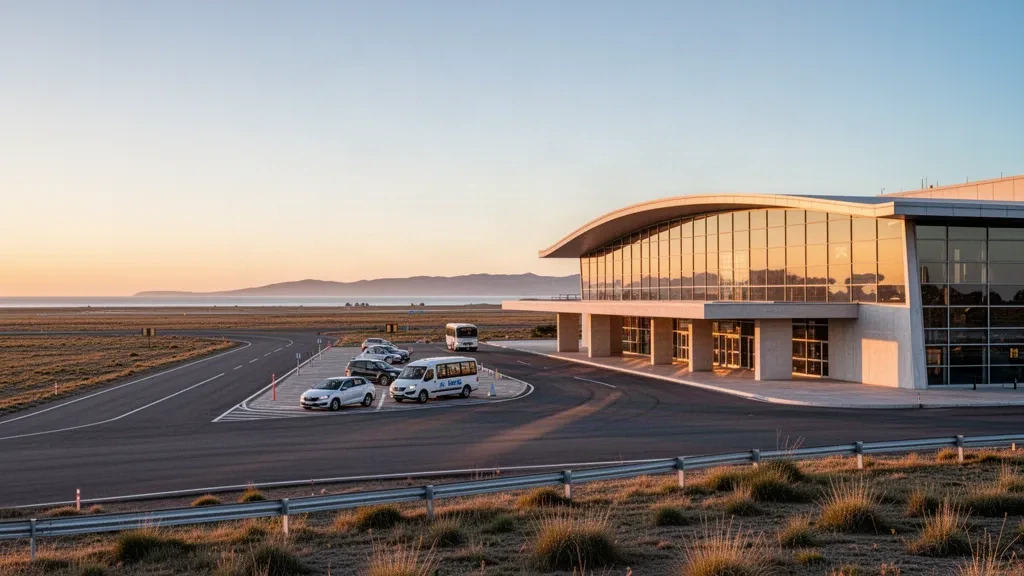 Esterno moderno in vetro del terminal dell'aeroporto internazionale General Enrique Mosconi a Comodoro Rivadavia, Patagonia, durante l'ora d'oro