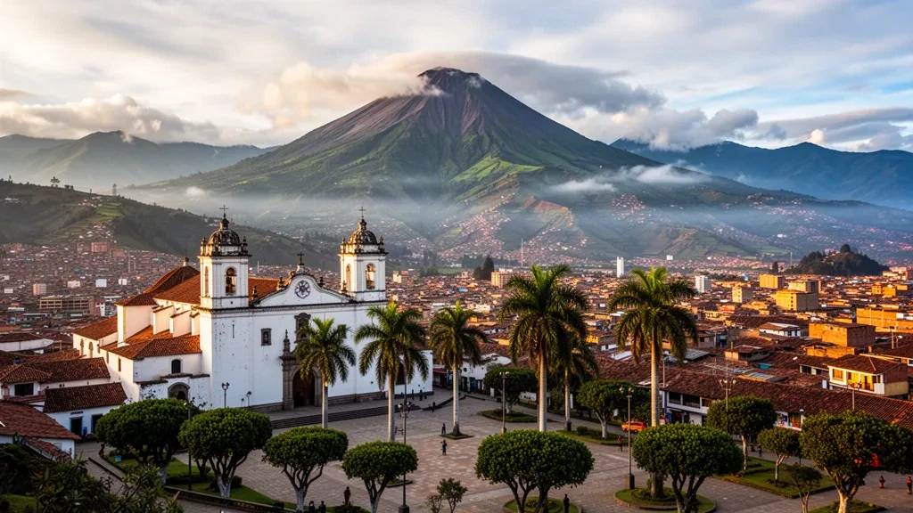 Pasto skyline in Nariño, Colombia with a colonial cathedral, palm-lined plaza and the Galeras volcano behind at golden hour