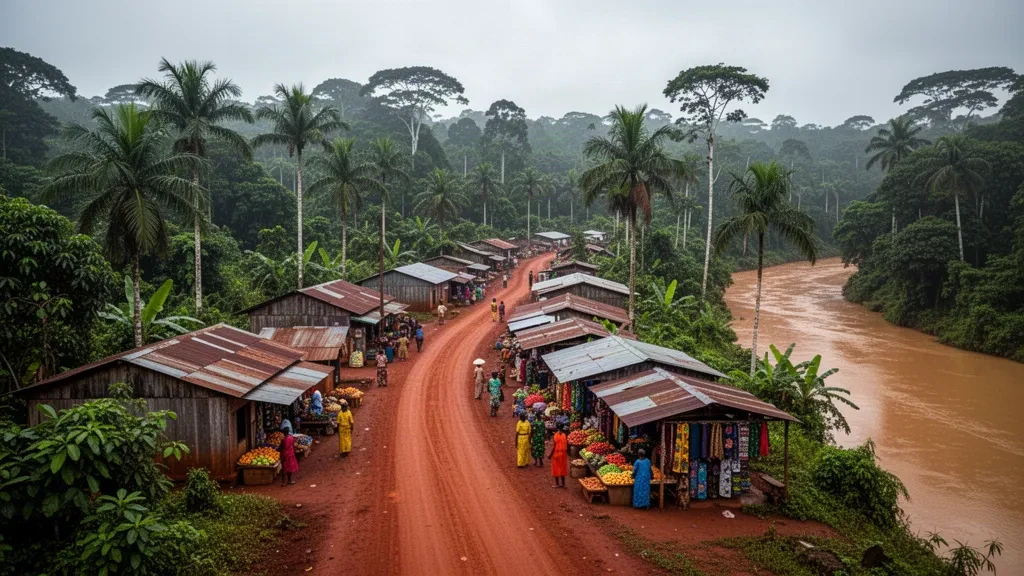 Vue aérienne d'Ewo, une petite ville de la région de la Cuvette-Ouest au Congo, entourée d'une dense forêt tropicale et de routes en terre rouge.