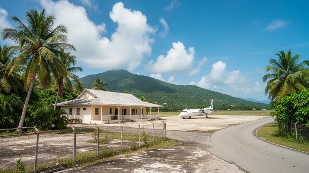 Terminal bianco basso, palme e un piccolo turboprop sull'asfalto dell'Aeroporto Antoine-Simon a Les Cayes, Haiti, con colline verdi sullo sfondo