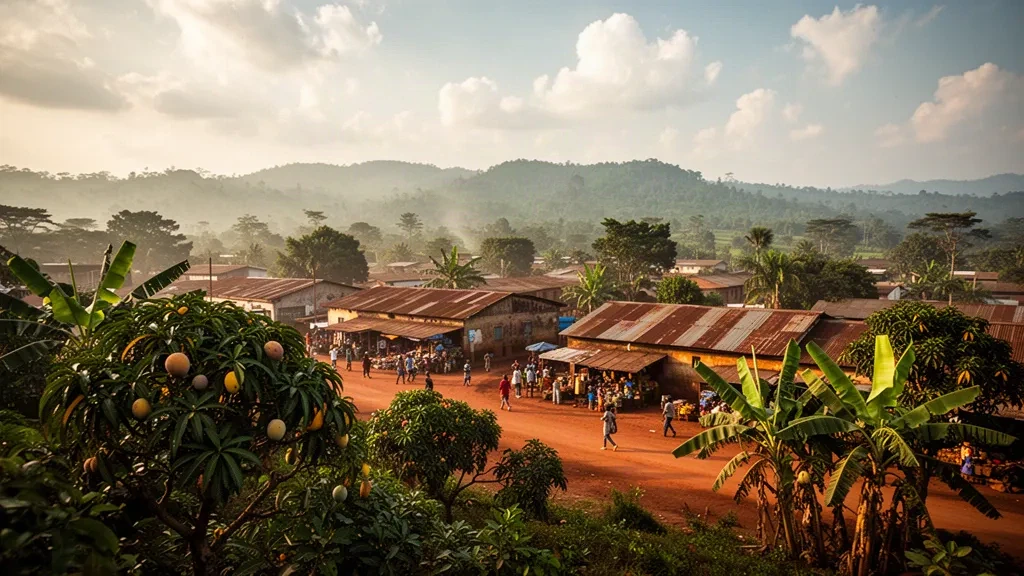 Vue en hauteur de Bunia, capitale de la province de l'Ituri en République démocratique du Congo, avec des rues de terre rouge et des collines verdoyantes