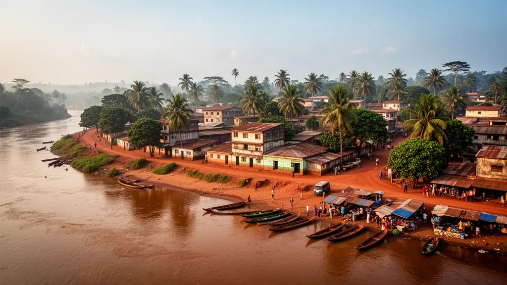 Vue à l'heure dorée de Tshikapa sur la rivière Kasaï en République démocratique du Congo, avec des bâtiments bas et des palmiers