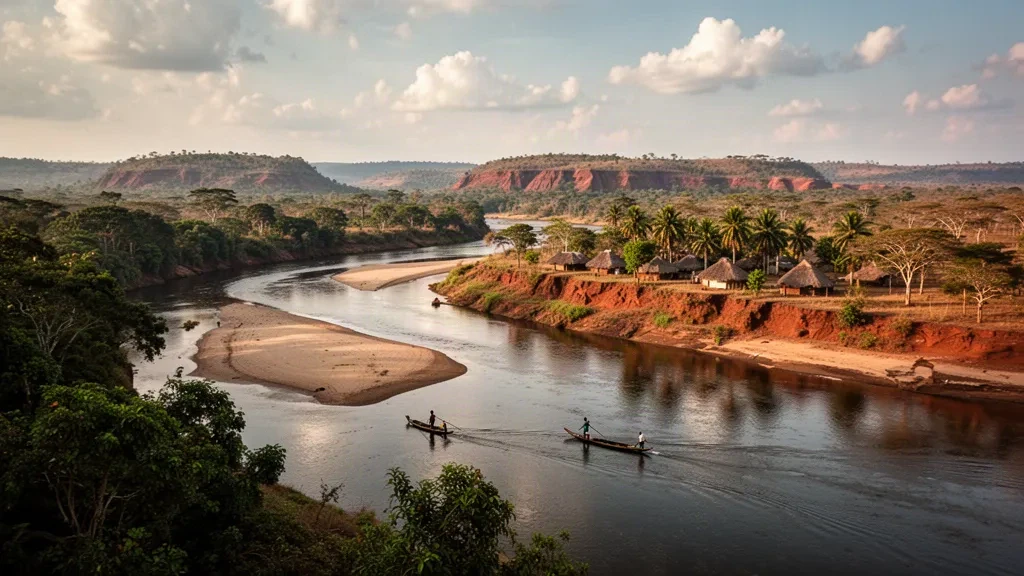 Meandering Kwango River at golden hour with gallery forest, pirogues and open savanna woodland in Kwango Province, Democratic Republic of the Congo.