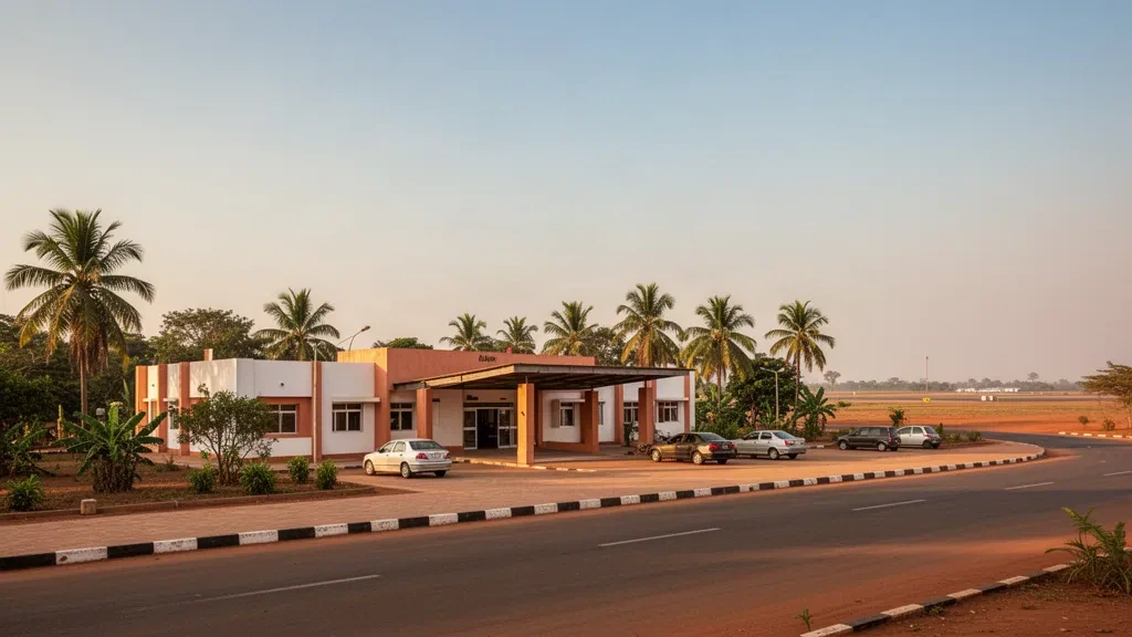 Eingang des Terminals und Bringspur des Flughafens Djougou in Benin zur goldenen Stunde, mit offenem Himmel und tropischer Umgebung.