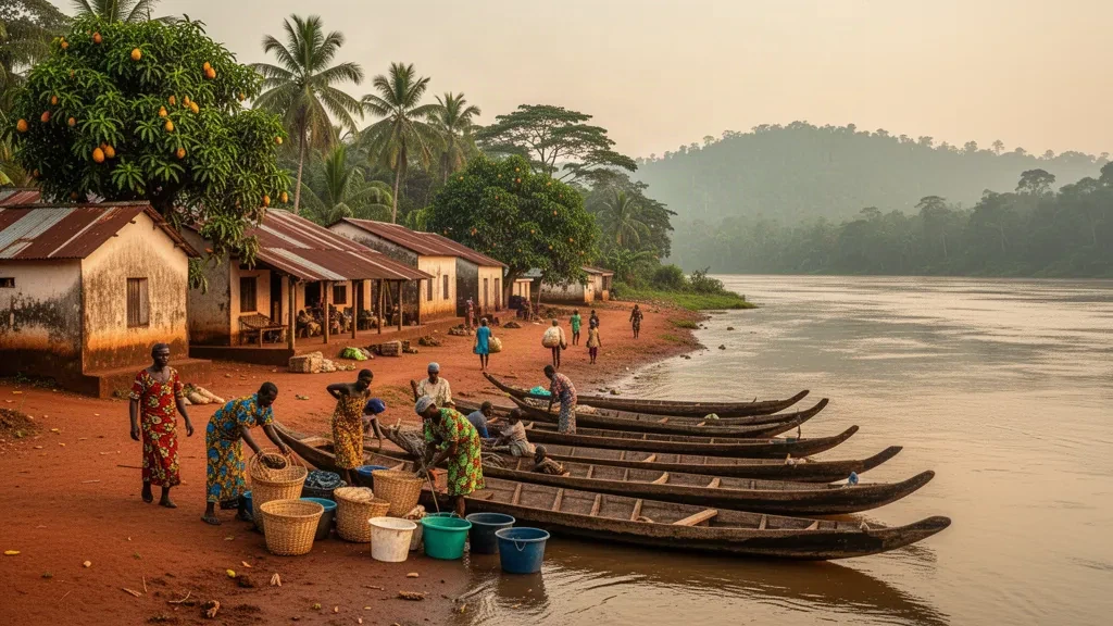 Wooden pirogues and riverside buildings along the Kasai River waterfront in Bandundu, Kwilu Province, DR Congo