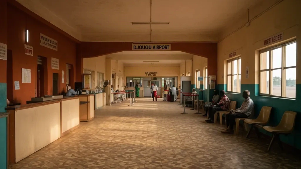 Benin'deki Djougou Havalimanı DJA terminalinin içi, check-in alanı ve bekleyen yolcular.