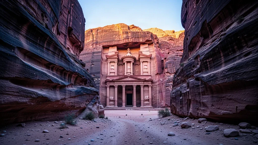 El Tesoro de color rosa rojizo de Petra tallado en acantilados de arenisca en Jordania, visto a través del estrecho desfiladero del Siq con luz cálida de la mañana