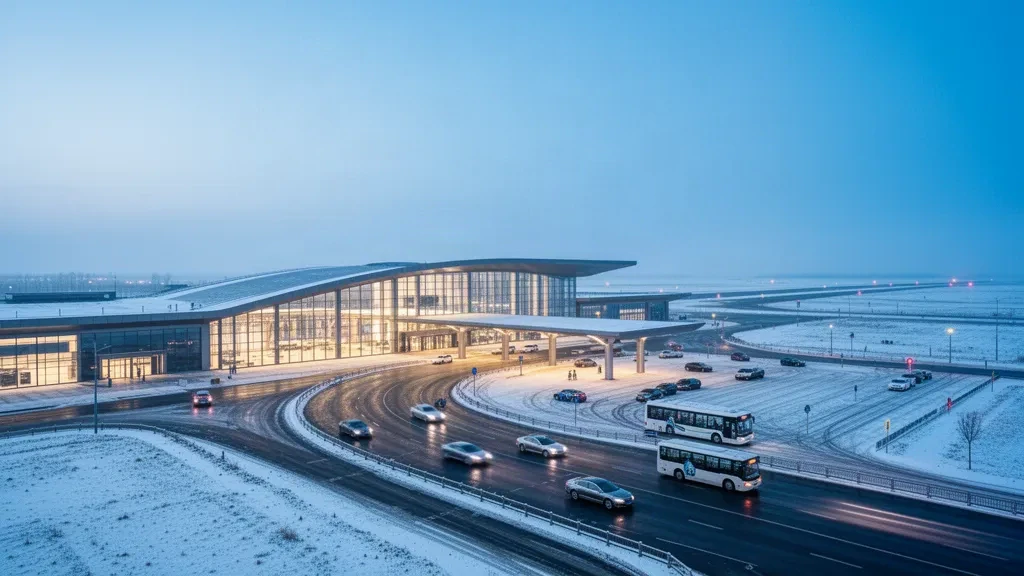 Esterno del terminal dell'Aeroporto di Daqing Sartu al crepuscolo invernale con facciata in vetro, tetto curvo e strada d'accesso innevata nello Heilongjiang