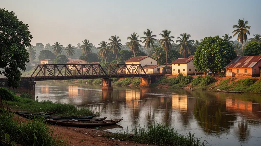 N'Zi River and railway bridge in Dimbokro, capital of Ivory Coast's Lacs District, framed by tropical greenery at golden hour