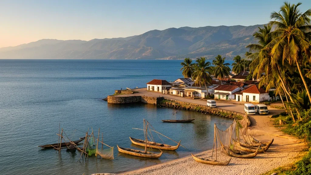 Golden-hour view of Kalemie on Lake Tanganyika in DR Congo, with wooden fishing canoes, palm-lined shores and distant rift valley hills.
