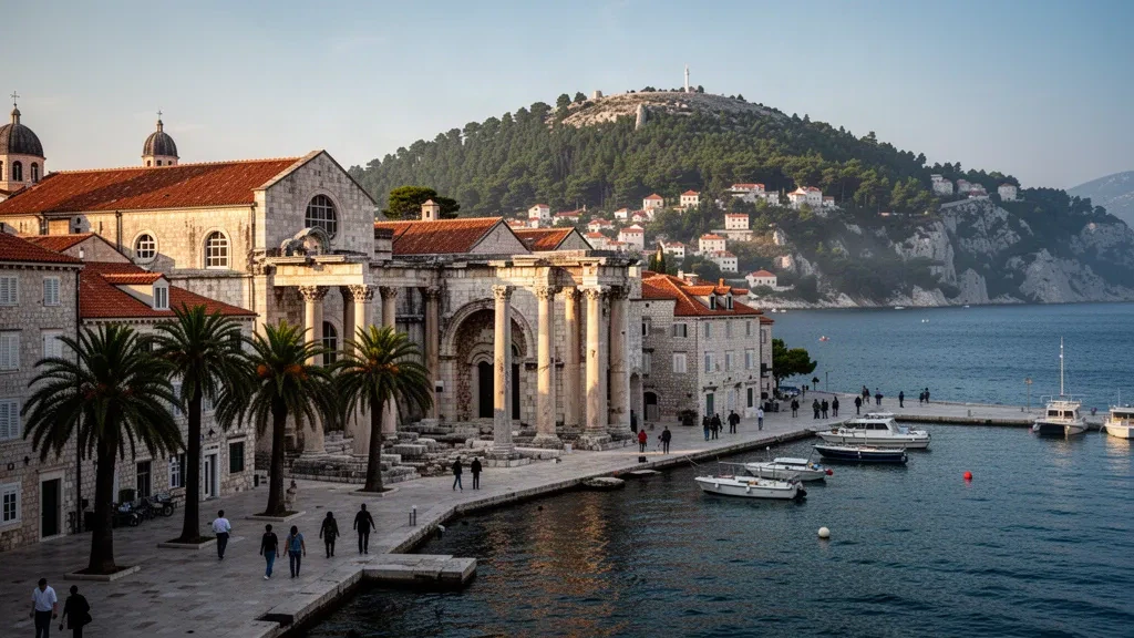 Römische Kalksteinmauern des Diokletianpalasts über der palmengesäumten Riva-Uferpromenade von Split an der dalmatinischen Küste Kroatiens zur goldenen Stunde