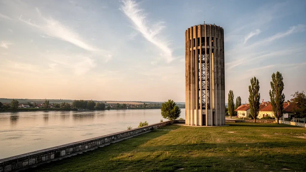 Tour d'eau de Vukovar surplombant le Danube par une fin d'après-midi dorée dans l'est de la Croatie