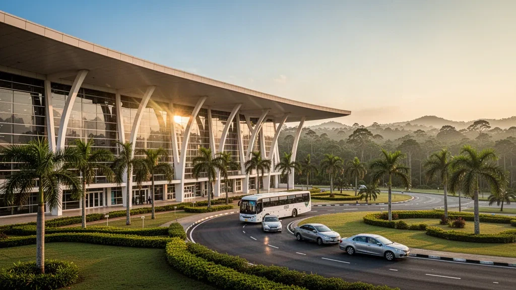 Esterno moderno del terminal in vetro dell'Aeroporto Internazionale President Obiang Nguema a Mongomo, Guinea Equatoriale, incorniciato dalla foresta tropicale durante l'ora d'oro