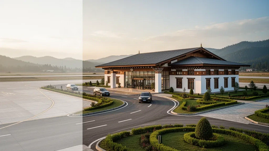 Exterior moderno de la terminal del aeropuerto de Gelephu, en Bután, con una zona de descenso curva, jardines verdes y colinas lejanas bajo una luz dorada.