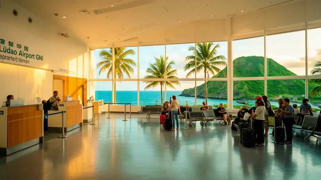 Sala de salidas interior del Aeropuerto de Lüdao GNI en Taiwán con viajeros, mostradores de registro y vistas tropicales a través de grandes ventanales.