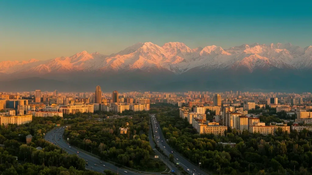 Skyline della città di Almaty durante l'ora dorata sullo sfondo delle montagne Zailiysky Alatau innevate in Kazakistan