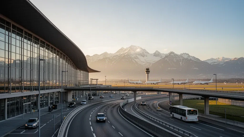 Moderno terminal in vetro e strada di accesso al piano strada dell'Aeroporto Internazionale di Ginevra, con le Alpi che si ergono dietro il piazzale nell'ora dorata