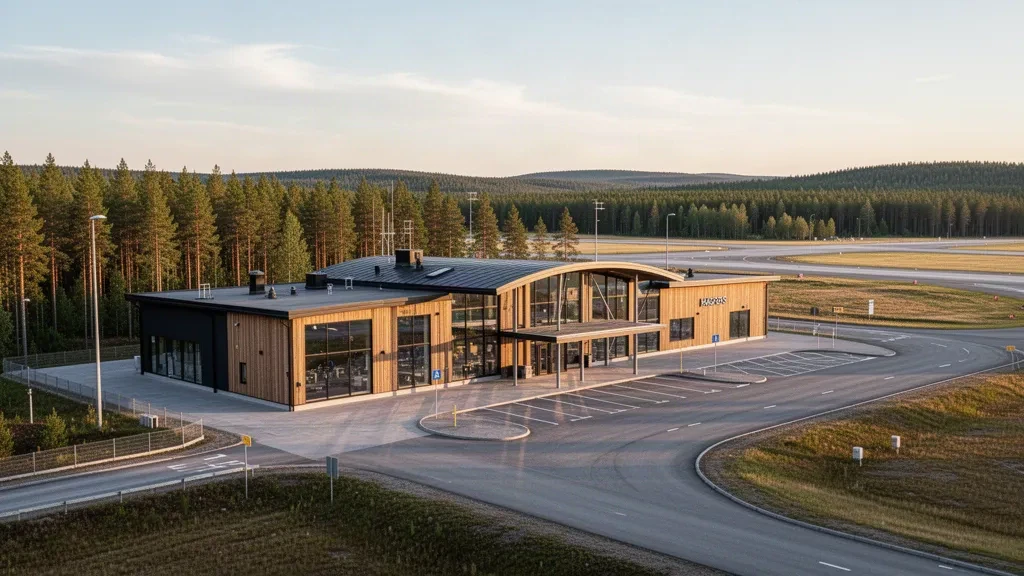 Extérieur compact d'un terminal scandinave à l'aéroport de Hagfors en Suède, entouré d'une forêt de pins sous une douce lumière nordique à l'heure dorée.