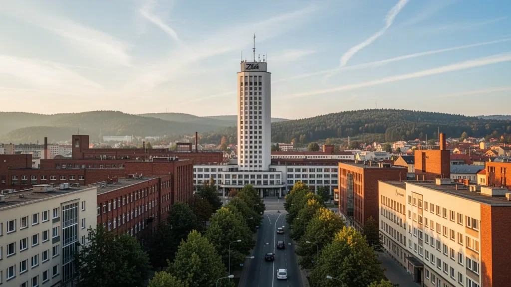 Le gratte-ciel Baťa s'élevant au-dessus du quartier des usines fonctionnalistes en briques rouges de Zlín dans la lumière chaude du soir