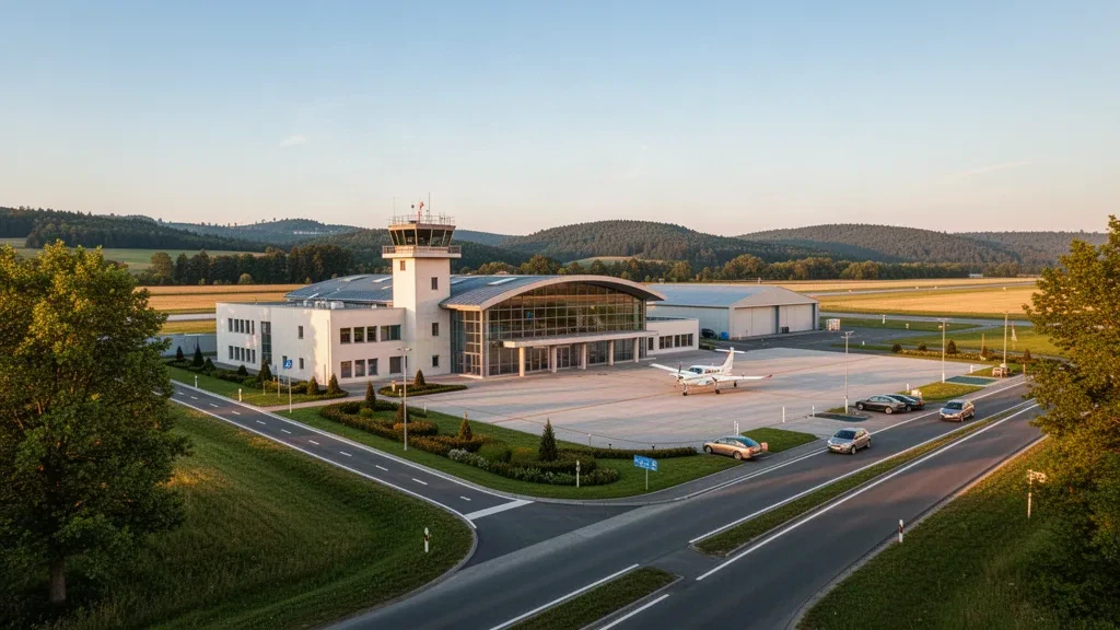 Terminal regional moderna en el aeropuerto de Mnichovo Hradiště, en Chequia, con aviones ligeros, hangares y plataforma bajo la luz de la hora dorada.