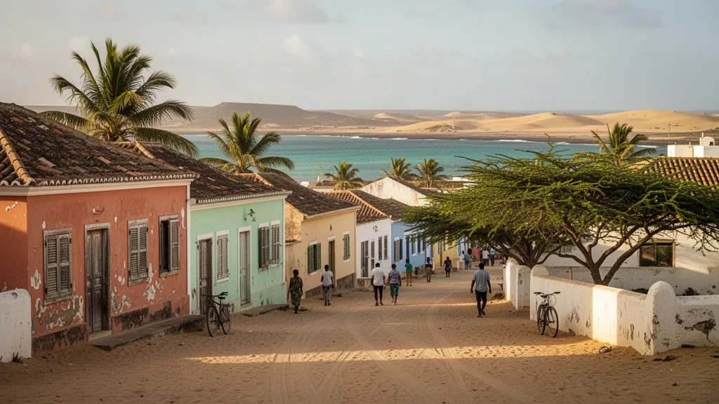 Case coloniali dai colori pastello e strade sabbiose di Vila do Maio sull'isola di Maio, Capo Verde, illuminate dalla calda luce del tardo pomeriggio