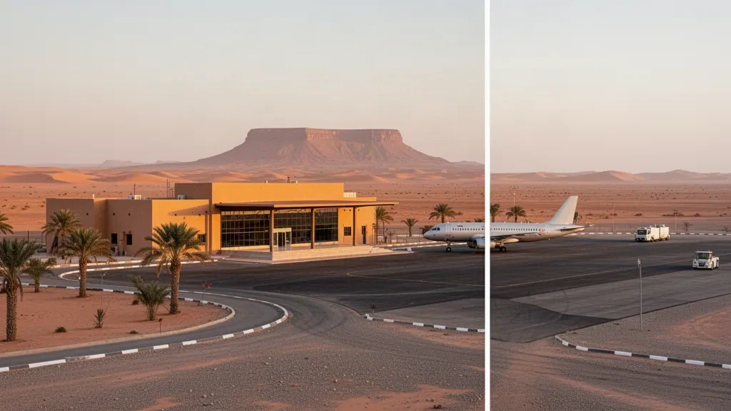 Edificio terminal nel deserto e piazzale aeromobili all'Aeroporto di In Aménas nel Sahara algerino con luce calda dell'ora d'oro