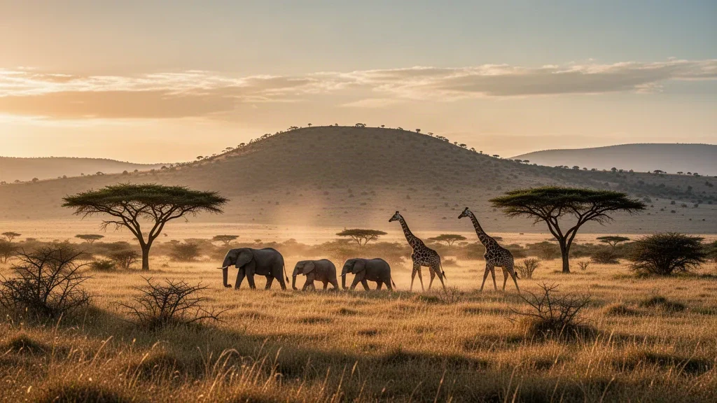 Kenya, Masai Mara'da akasya ağaçları, otlayan filler ve zürafaların geniş açık Afrika gökyüzü altında olduğu altın saat savanası.