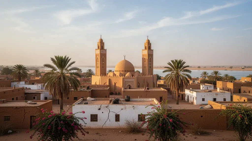 Vista a la hora dorada de los minaretes de la Gran Mezquita de N'Djamena elevándose entre palmeras y tejados bajos cerca del río Chari en Chad.