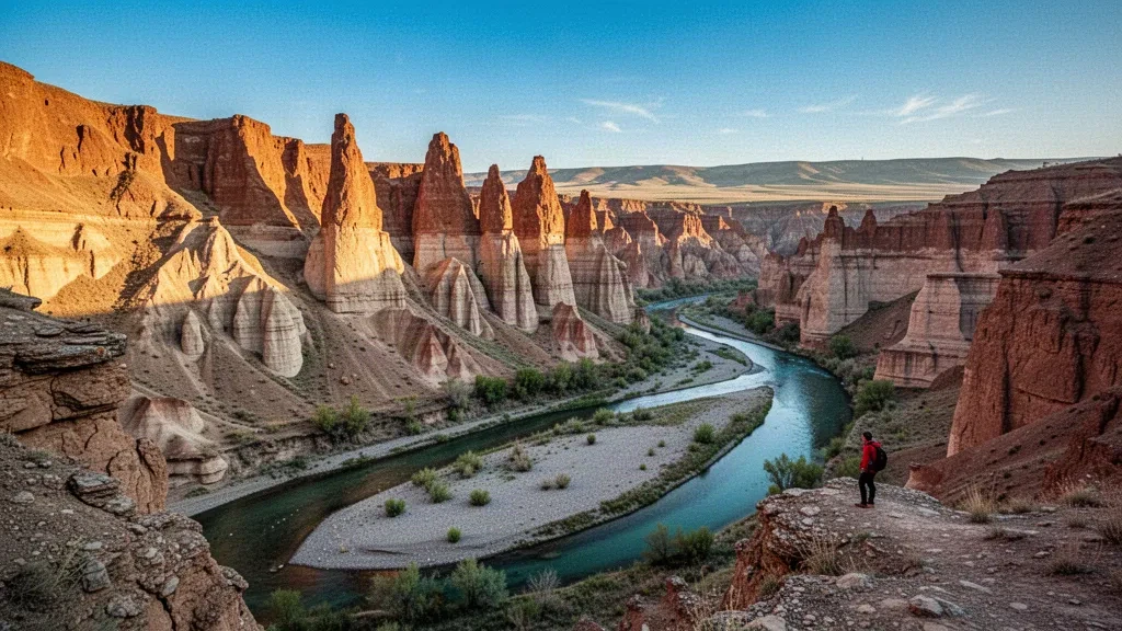 Kazakistan'da Çaryn Kanyonu'nun kumtaşı kaya kulelerinin altın saatlerdeki görünümü ve vadiden kıvrılarak geçen Çaryn Nehri