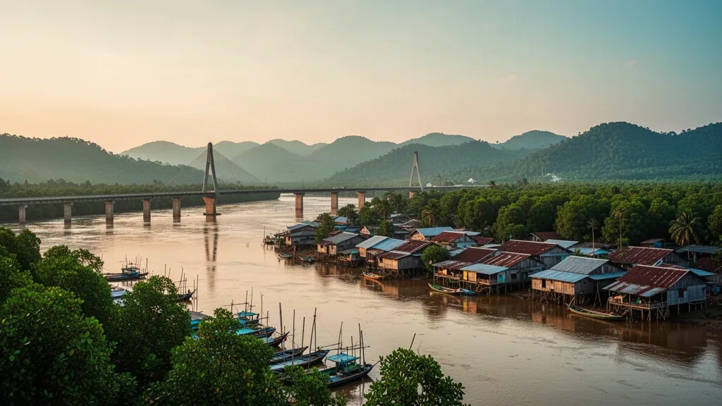 Altın saatte Kaoh Pao Nehri'ni geçen Koh Kong Köprüsü, Kamboçya'da mangrov ormanları ve nehir kıyısındaki direkli evlerle çerçevelenmiş
