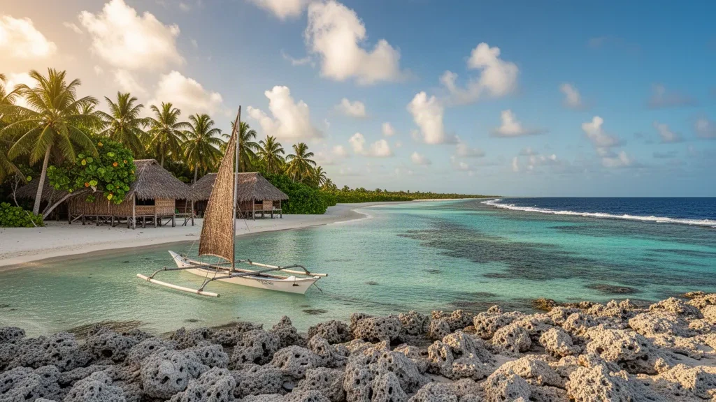 Kokospalmen und eine türkisfarbene Lagune auf dem Tarawa-Atoll in Kiribati, mit einer traditionellen Maneaba aus Stroh und einem Auslegerkanu am Sand