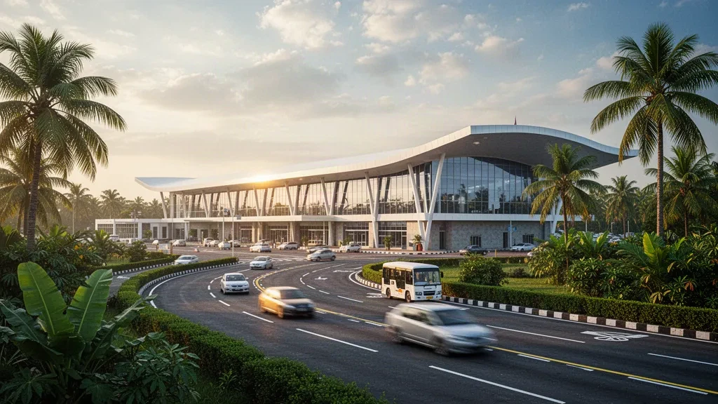 Modern glass terminal and curved canopy at Jessore Airport in Bangladesh, with tropical greenery, drop-off lane and open golden-hour sky