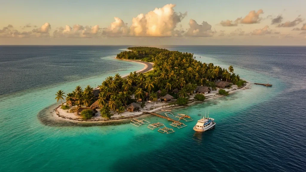 Vista aérea del atolón de Tarawa Sur en Kiribati con una laguna turquesa, una carretera con palmeras y canoas de balancín durante la hora dorada