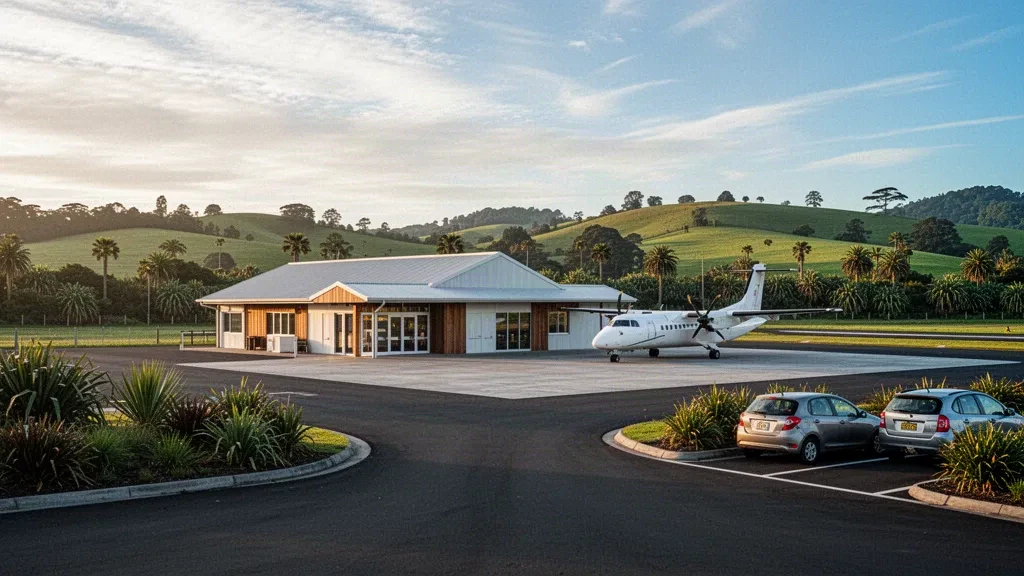 Terminal aéroportuaire de faible hauteur et tarmac à l'aéroport de Kaitaia dans le Northland, en Nouvelle-Zélande, encadrés par des collines agricoles verdoyantes dans une douce lumière matinale