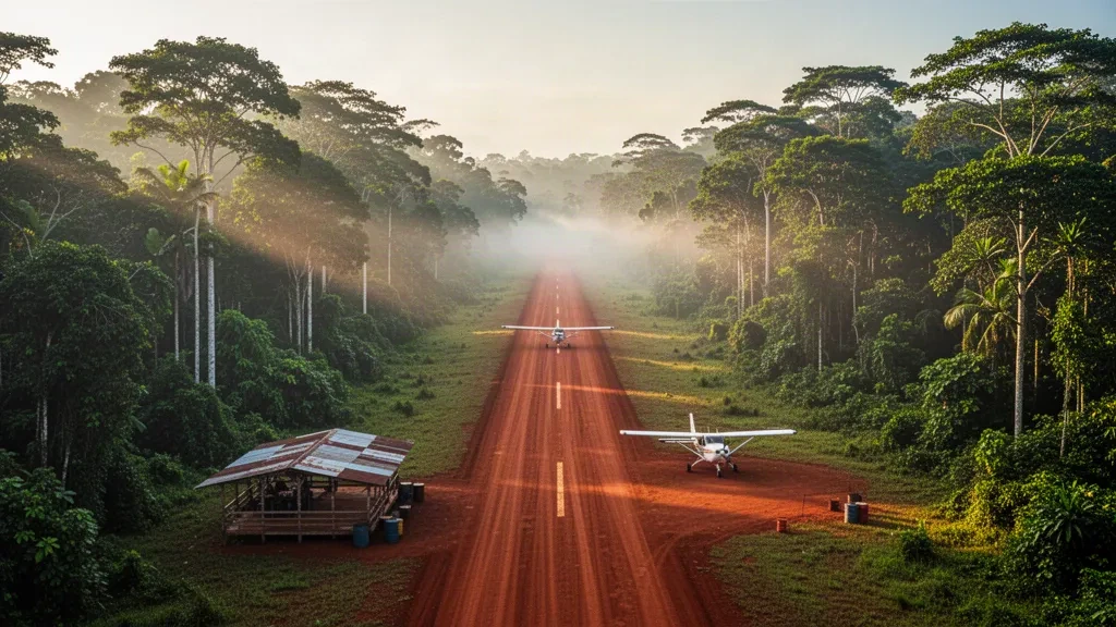 Pequeña avioneta en la pista de laterita roja del aeródromo de Tepoe, rodeada de densa selva tropical surinamesa y una suave neblina matutina.