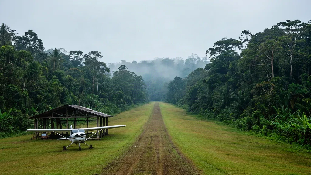 Aeródromo de Tepoe KCB en Surinam, una remota pista de césped rodeada de densa selva amazónica y una pequeña avioneta.