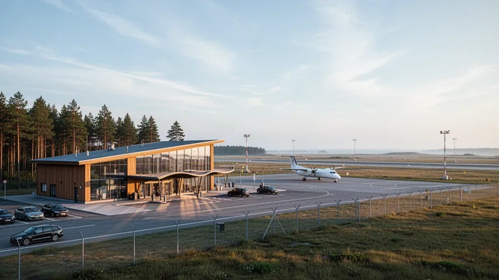 Modernes Glas-Terminal und Vorfeld am Flughafen Kärdla auf der Insel Hiiumaa, Estland, mit einem kleinen Turboprop-Flugzeug in sanftem goldenen Licht
