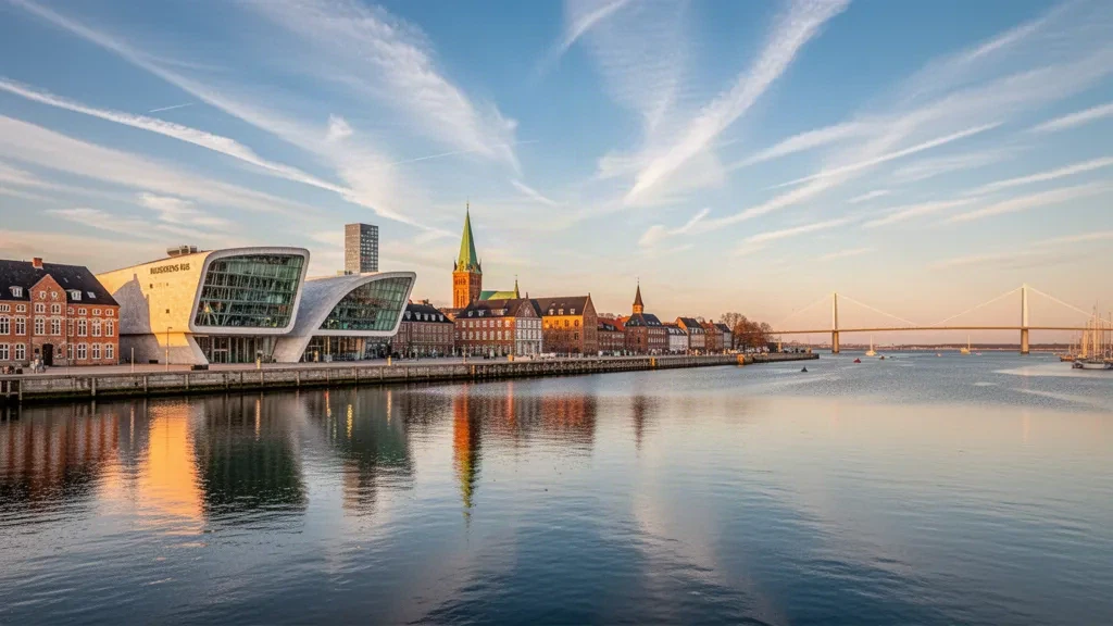 Frente marítimo de Aalborg con el Utzon Center y el Musikkens Hus a lo largo del Limfjord, en Jutlandia del Norte, bañado por la luz de la hora dorada.
